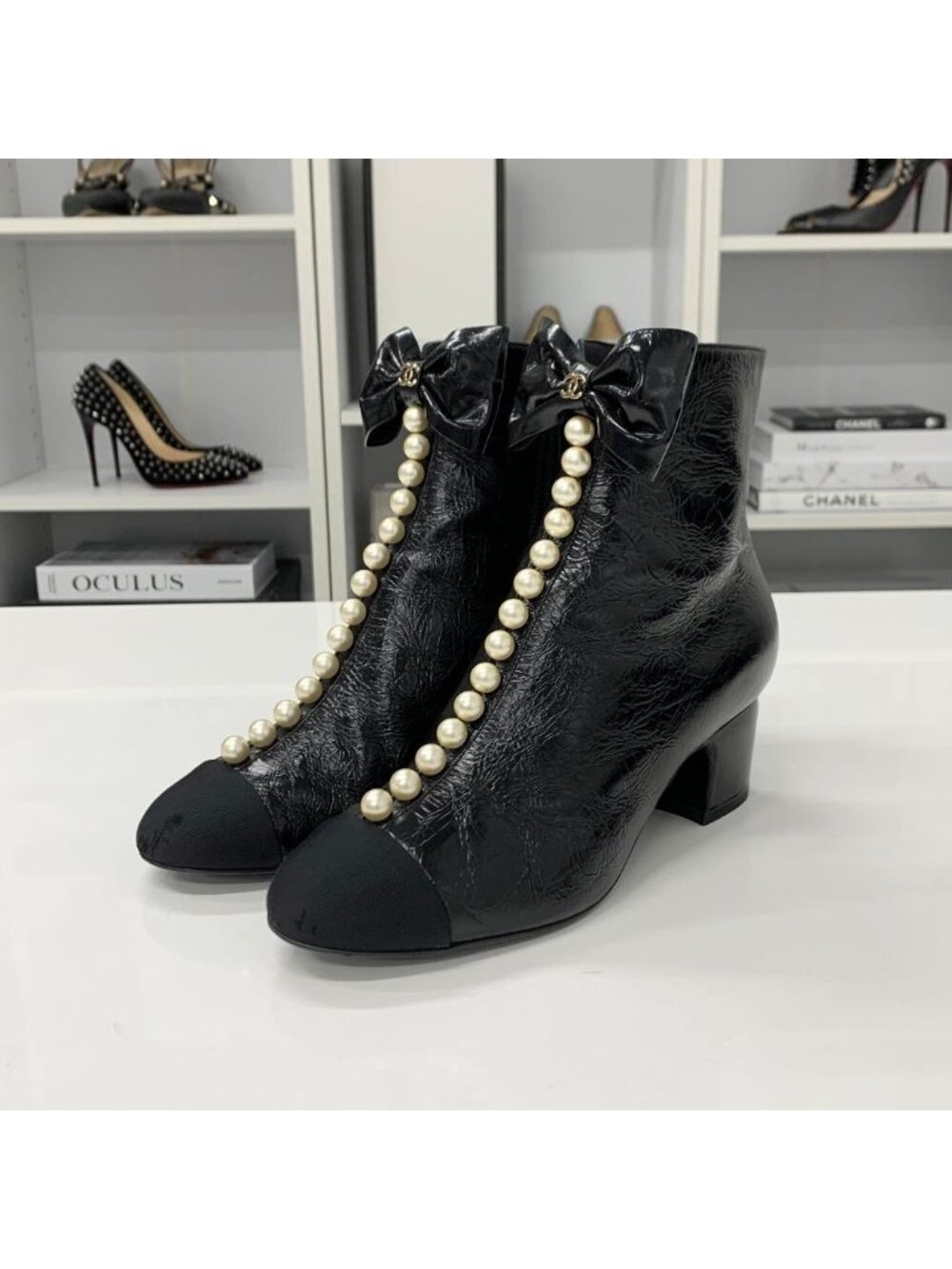 Chanel CC Logo Ribbon Leather Fabric Pearl Short Boots - Picture 3 of 11